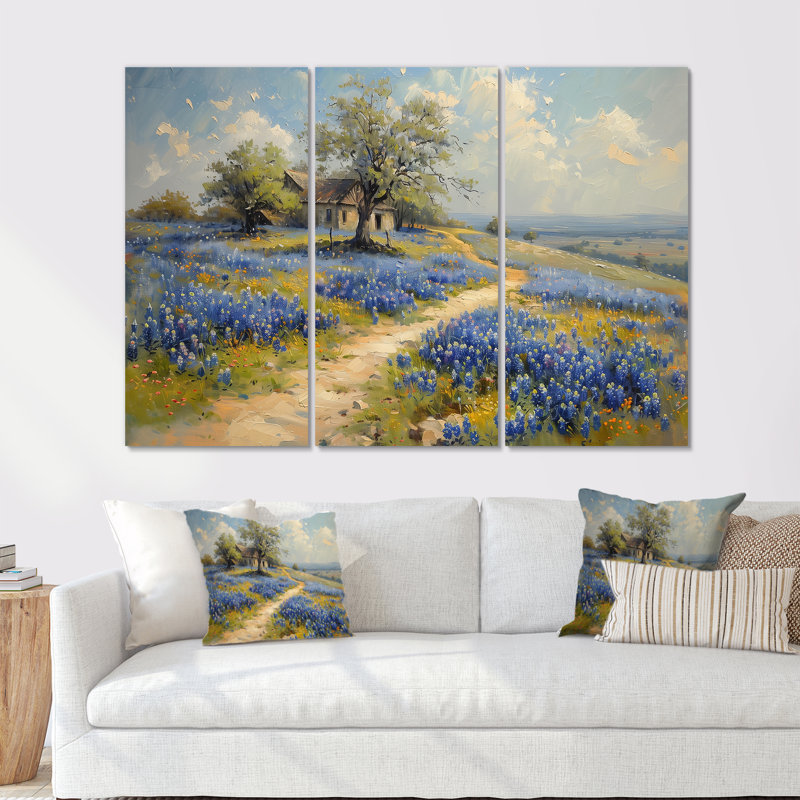 «Blue Green Summer Meadow Charm Blue Bonnets II - Blue Bonnets», ensemble d'art mural, H 28 po x l 36 po, Toile tendue