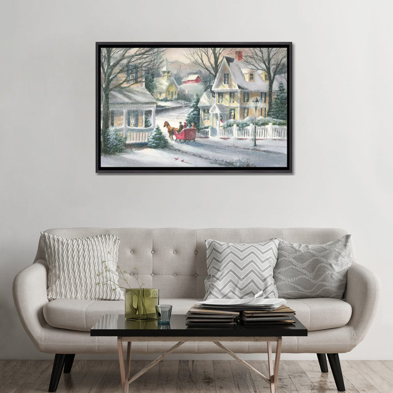 Reproduction d’art « village Sleigh Rider » par George Bjorn, Toile avec cadre noir patiné, Pas de tapis