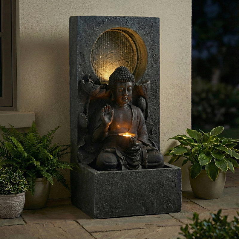 28" H Outdoor Buddha Waterfall Fountain, Freestanding Relaxing Water Feature, Asian Zen Fengshui Decor For Patio, Garden, Backyard, Deck & Home, Ideal Gift Led Fountain