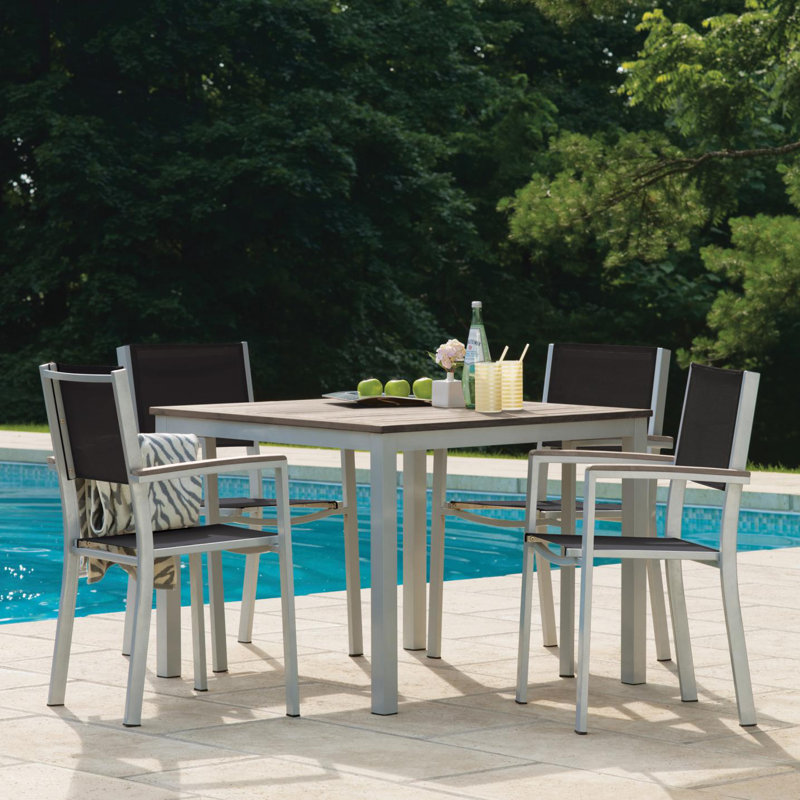 Travira Stacking Patio Arm Chair, Ninja Black Basketweave, Flint, Tekwood Natural