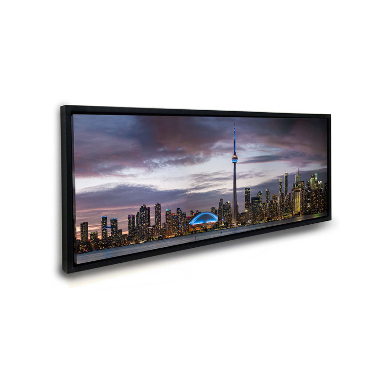 Coucher de soleil de Toronto, tour CN, Centre Roger - reproduction, Cadre flottant noir, H 19 po x l 51 po x P 4,25 po