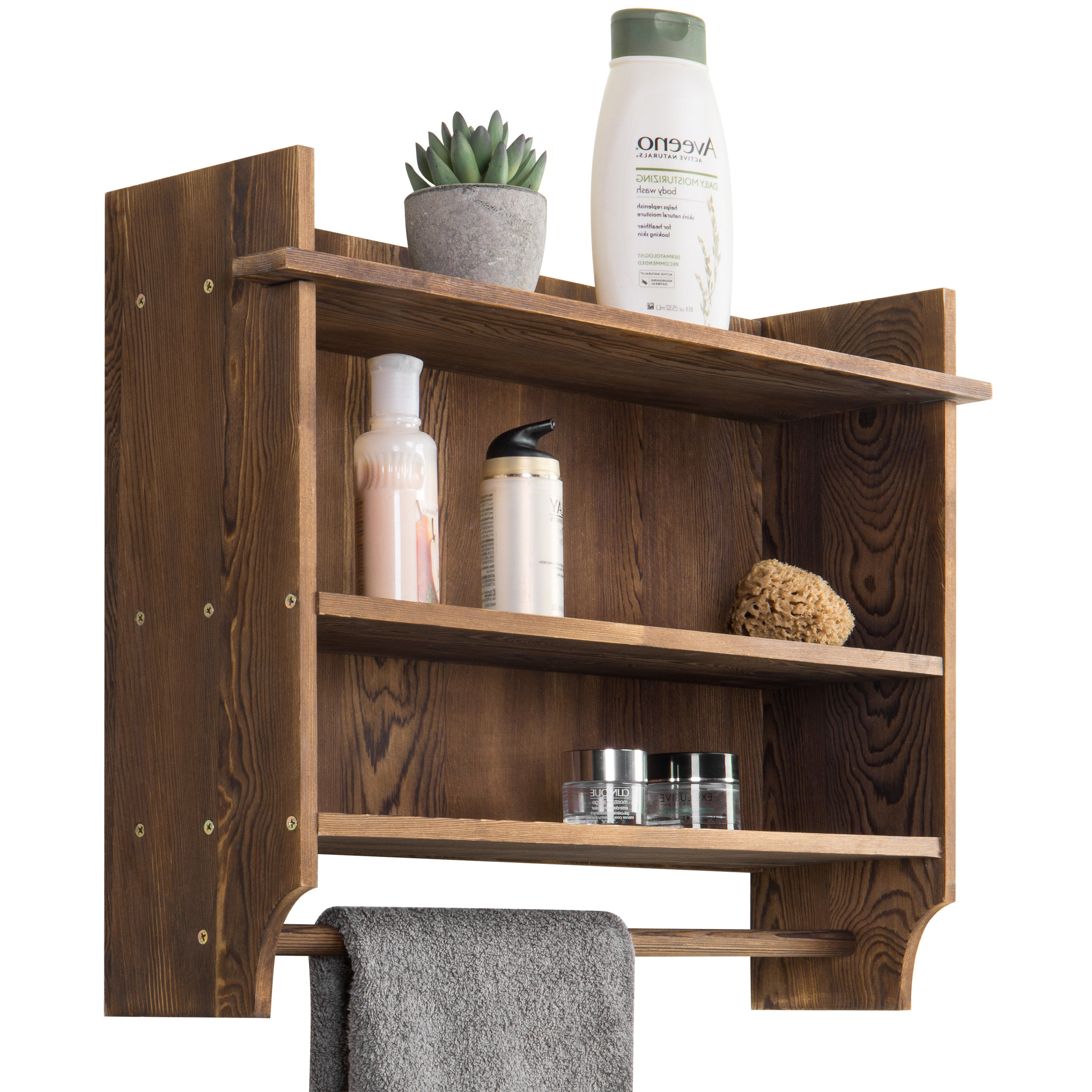 Solid Wood Wall Mounted Bathroom Shelves with Towel Bar MyGift