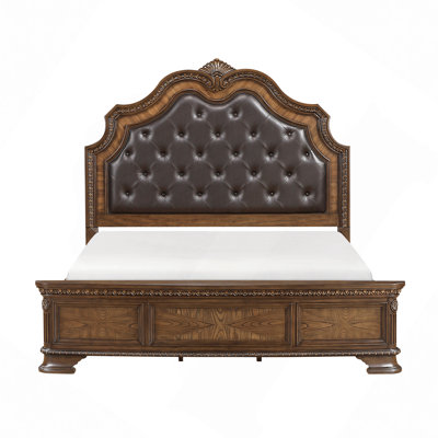 Formal Elegant Design Bed Upholstered Headboard Wooden Traditional Bedroom Furniture 1Pc Intricate Carvings