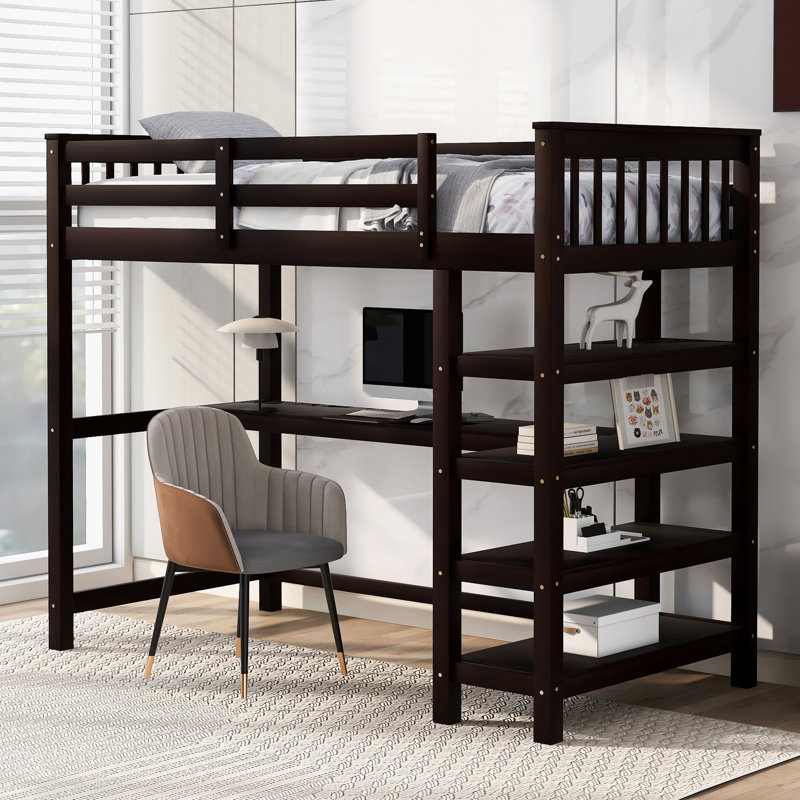 Lit mezzanine simple avec tablette et bureau pour les dortoirs de style chambre à coucher, Lit simple, Espresso