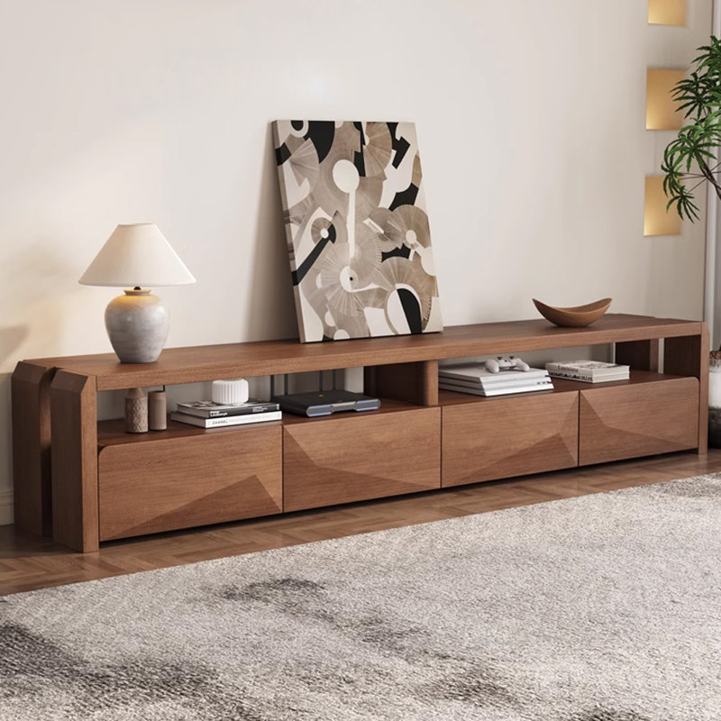 Meuble télé rétro en bois massif noyer clair, H 17,12 po x L 81,88 po x l 15,74 po