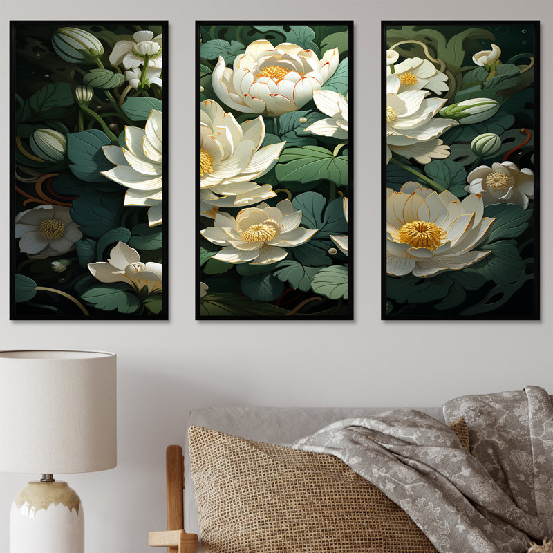 Fleurs de lotus méticuleusement rendues - ensemble d'art sur toile de lotus, Cadre flottant noir, H 32 po x l 48 po x P 1 po