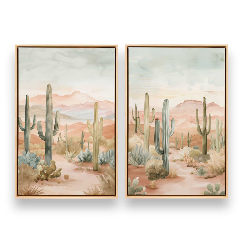 Ensemble de 2 impressions sur toile Cactus Waltz, Cadre américain en érable flottant, H 36,75 po x l 49,5 po x P 1,75 po