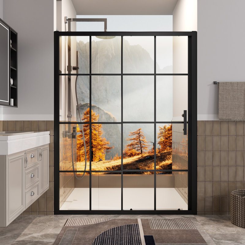 54" W x 72" H Framed Grid Pattern Single Sliding Shower Door with 1/4" (6mm) Clear  Tempered Glass in Matte Black Finish