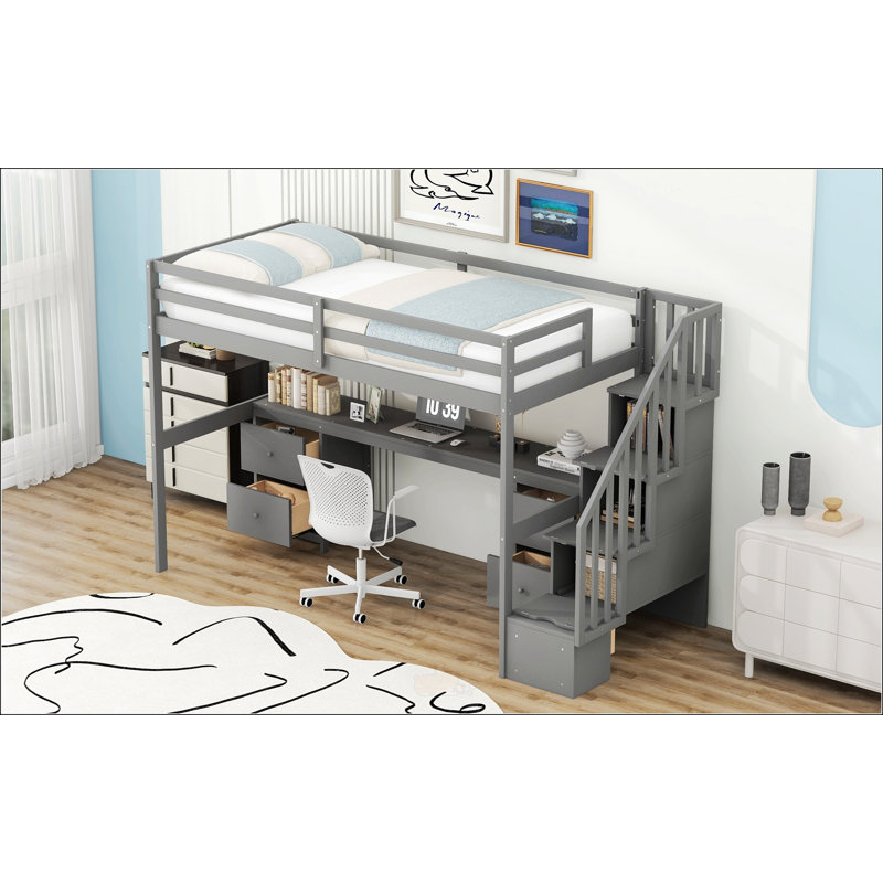 Structure de lit simple de taille mezzanine avec bureau intégré et tiroirs de rangement doubles, parfait pour une utilisation compacte et multifonctionnelle dans les petites pièces