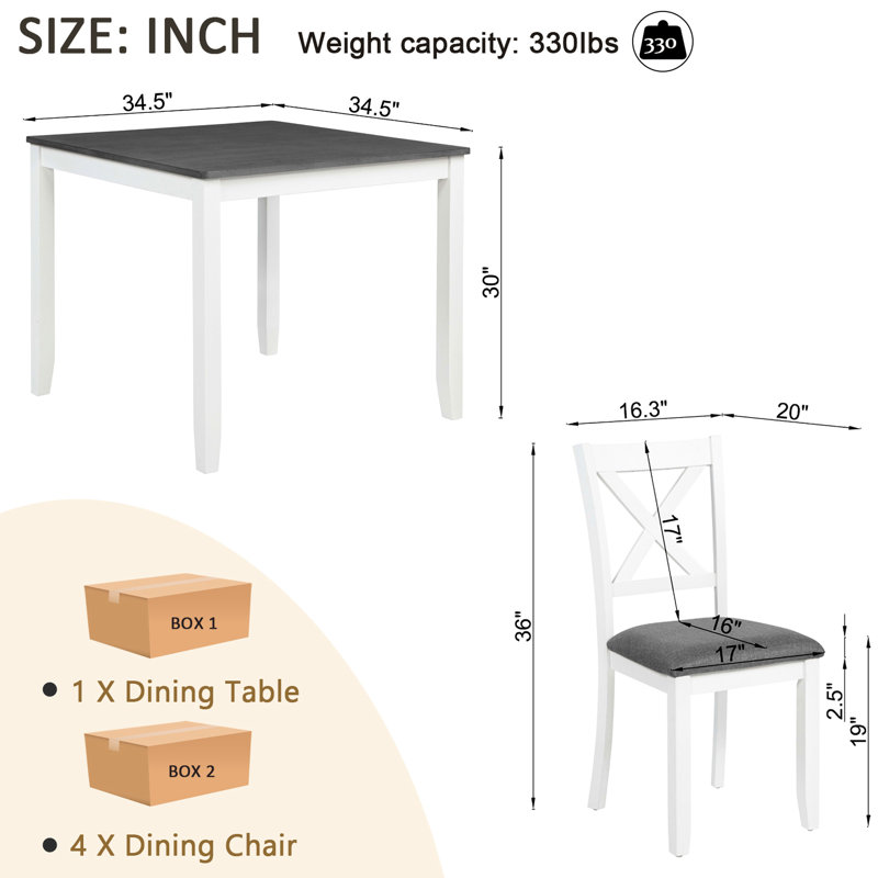 Ensemble de salle à manger 5 places avec 4 chaises, design moderne, gris et blanc, bois massif, plateau chauffant, montage facile pour petits espaces, 4 places assises confortables, à monter soi-même.