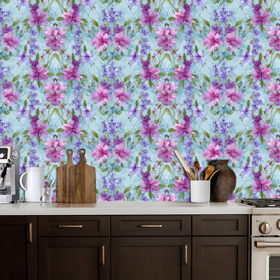 Papier peint adhésif à peler et coller à motif floral à motif de treillis rose et mauve à contact doux amovible mural pour armoires de cuisine 24 po x 118 po