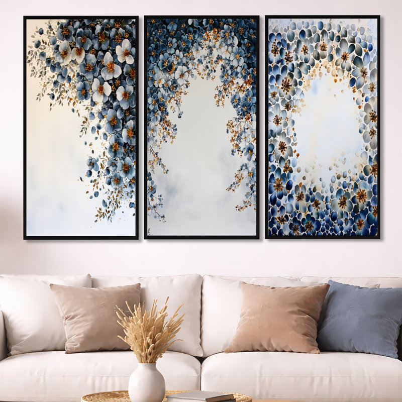 «Botanical Celestial Bloom in Winter», ensemble d'art mural sur toile encadré botanique abstrait bleu, 32" H x 48" W