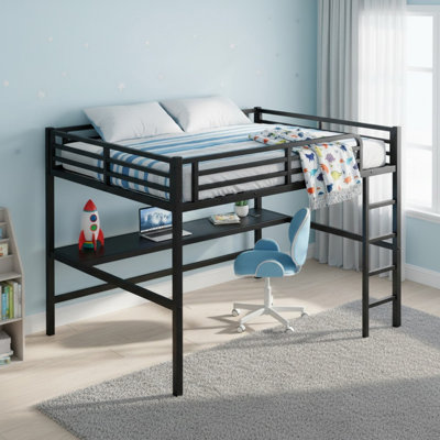Metal Queen Size Loft Bed with Power Outlet and LED Lighted for Bedroom