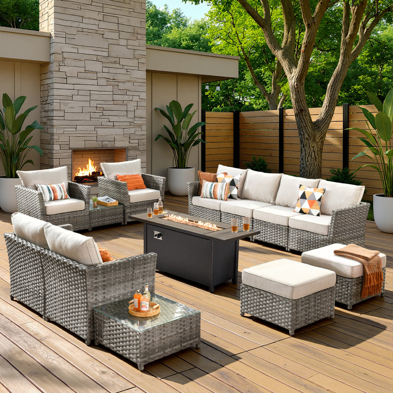 Briela 8 - Person Outdoor Seating Group with Cushions with Fire Pit table No Assembly Required, Ivory, Yes