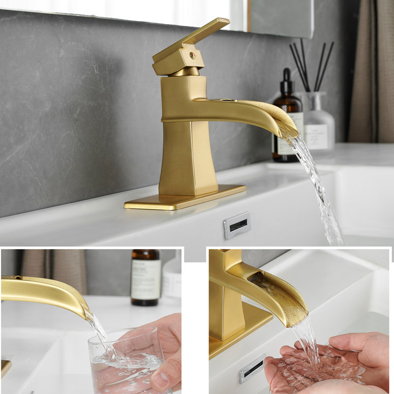Brushed Gold Bathroom Tap With Deck Plate Waterfall, Pop Up Drain, Supply Lines, One Handle, Geometric Design Modern Waterfall Faucet Plate, Gold, Handle Look