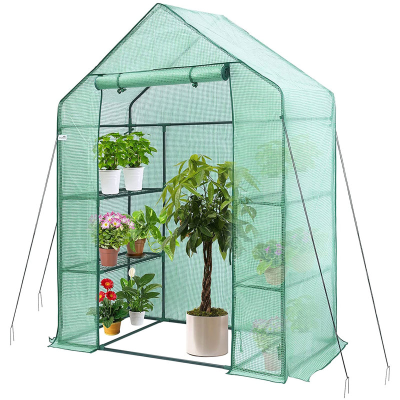 Hanience Walk-in Greenhouse with Anchors and Ropes, 3 Tier 4 Wired Shelves Indoor and Outdoor, Green PE Cover