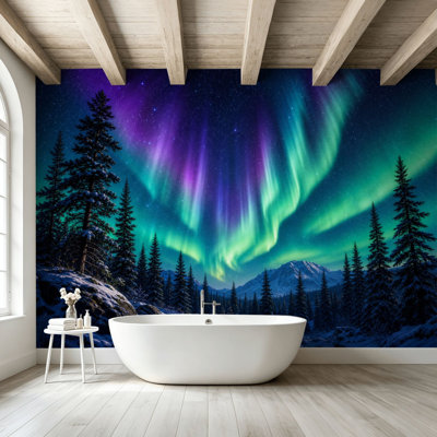 Peler et coller le papier peint mural Aurore boréale, aurores boréales, paysage de montagne enneigé, art mural auto-adhésif et amovible
