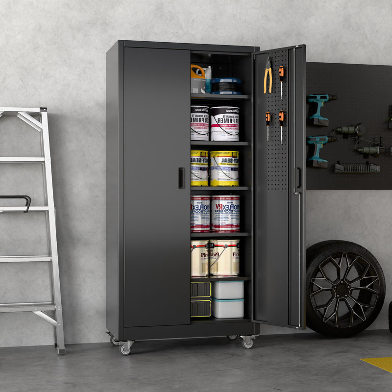 Armoire de rangement en métal 71 po avec roulettes, armoire à outils roulante avec 5 tablettes réglables et panneau perforé, assemblage requis, noir