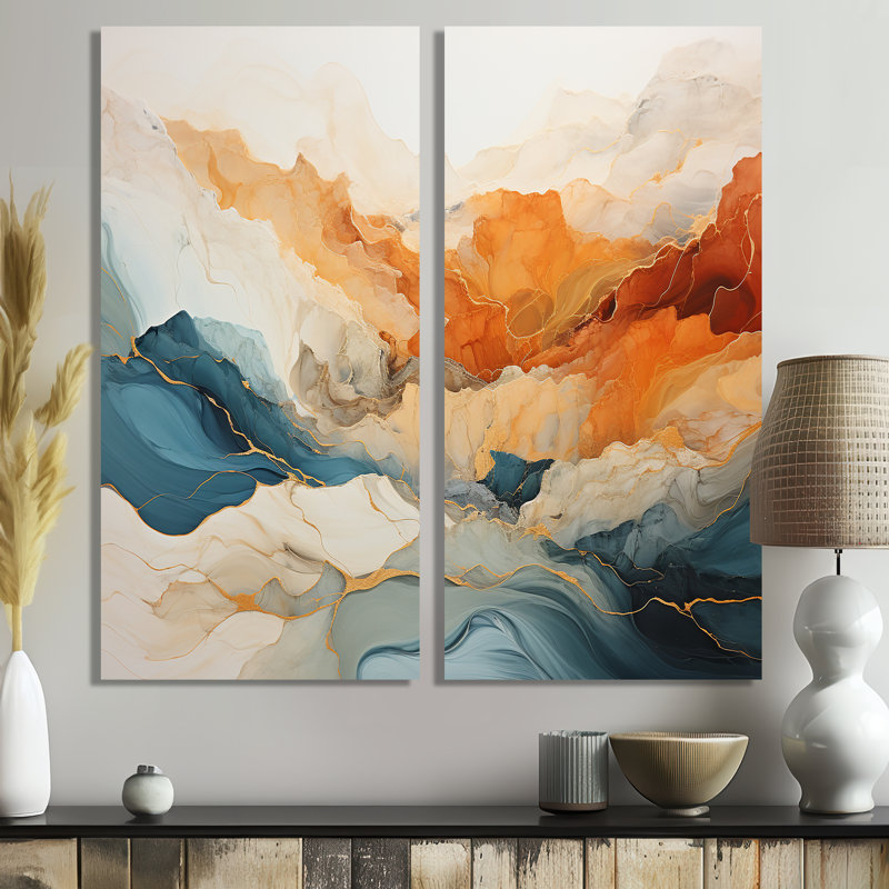 Abstrait abstrait orange et bleu - encre bleue, H 20 po x l 24 po, Toile tendue, Ne s’applique pas
