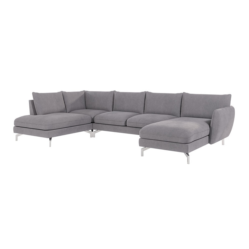Modern U-shape Kimo Corner Sofa with Silver Metal Legs, Right Hand Facing, Grey