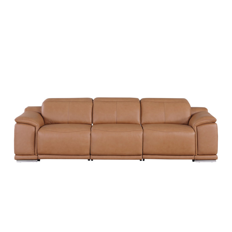 Divanitalia Top Grain Italian Leather Power Reclining Sofa With Dual Recliners, Cognac