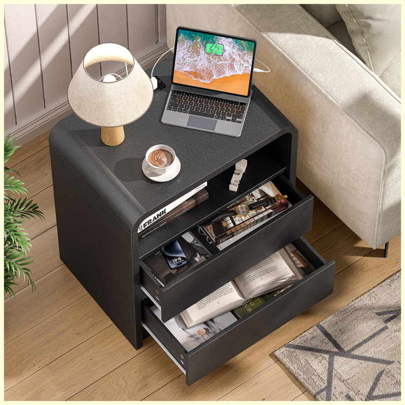 Table de chevet moderne de 25 po de hauteur avec station de charge, table de chevet Mid-Century en bois avec 3 tiroirs et ports USB
