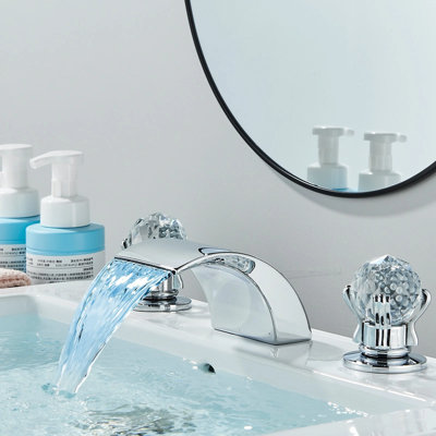 Robinet de salle de bain chromé à DEL à cascade, robinet de meuble-lavabo à deux poignées espacées de 8 pouces avec poignées en cristal, robinet de lavabo à 3 trous avec tuyau d'alimentation