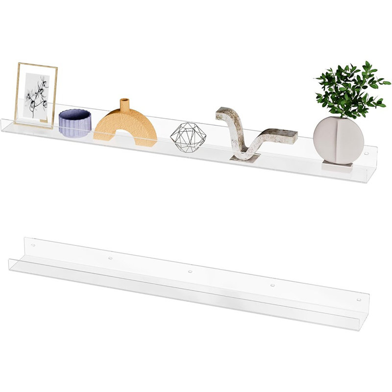Clear Acrylic Floating Wall Shelf – 2-pack, Invisible Ledge Shelves For Books, Photos & Wall Decor