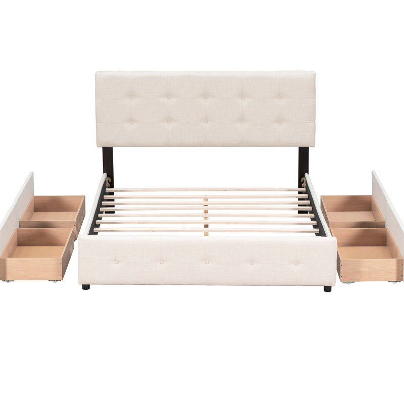 Beige Upholstered Platform Bed With 4 Drawers And Button Headboard, No Box Spring, Solid Particle Board Frame Queen Size Elegant Appeal -