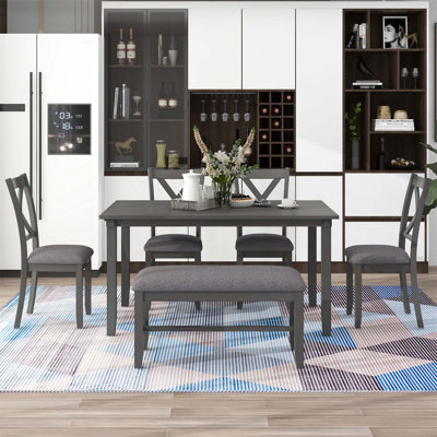 Ensemble de table de salle à manger 6 pièces avec 4 chaises et banc, idéal pour les grandes réunions de famille et les repas quotidiens