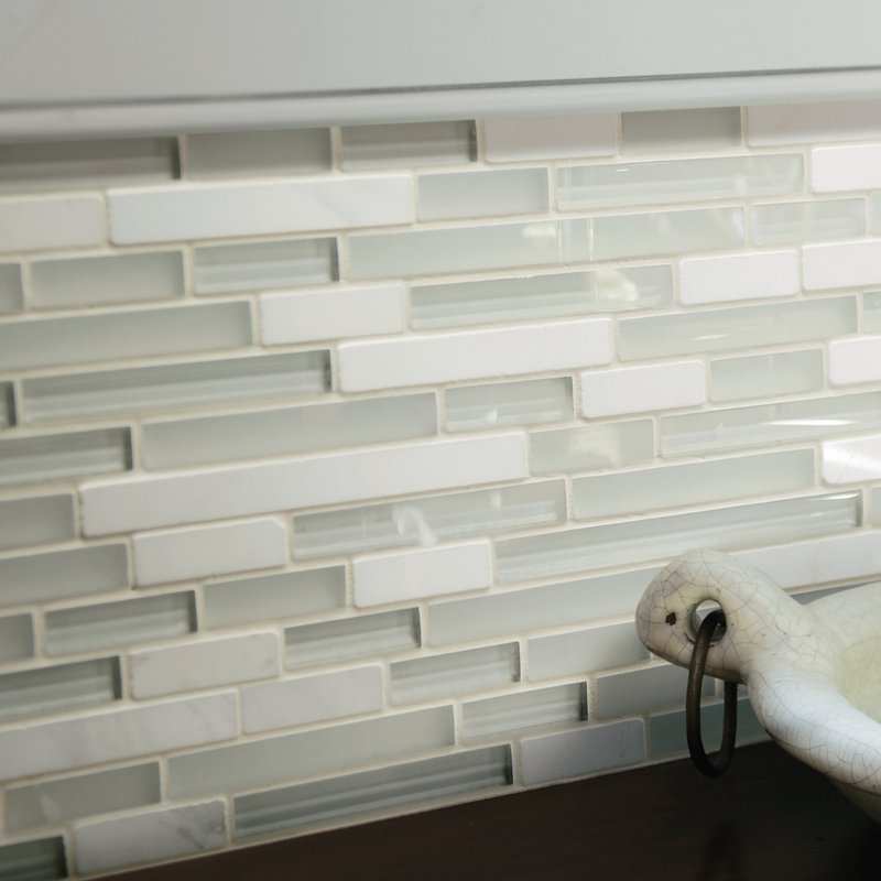 Viva Linda Mixed Linear Glass & Stone Tile Mosaic Sheet, White blend