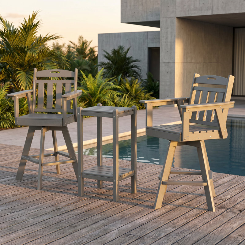 Chaises de salle à manger pivotantes en HDPE pour l'extérieur à haut dossier (ensemble de 2) + table d'appoint haute double couche