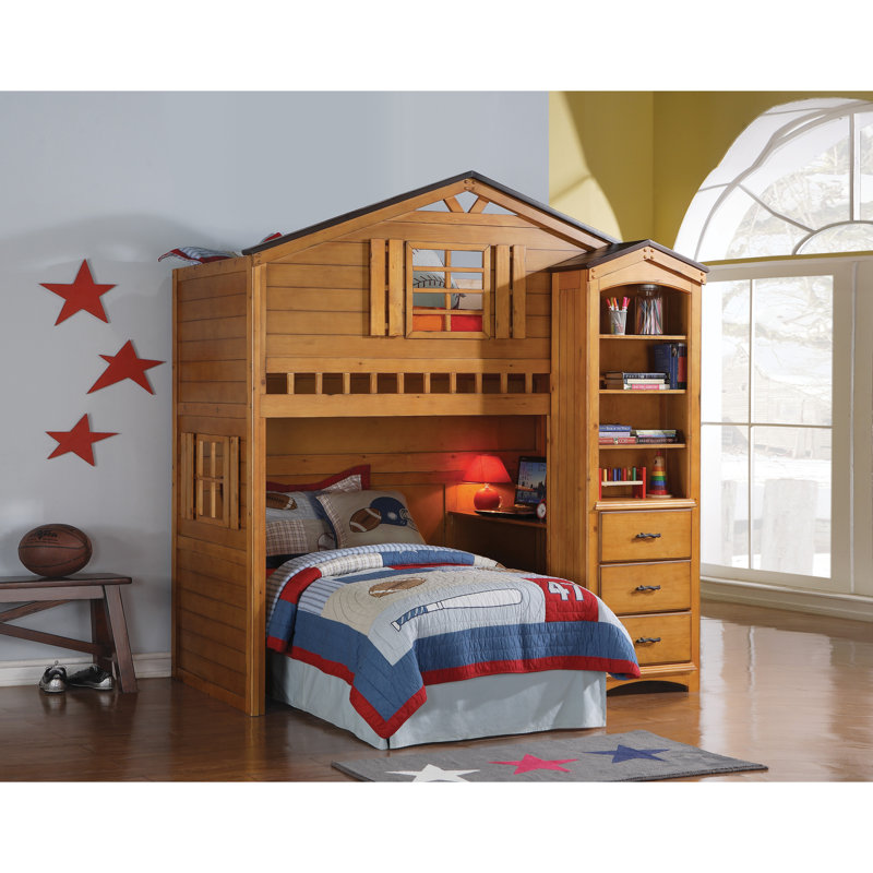 Rustic Oak Twin Loft Bed with Storage Drawers and Slats