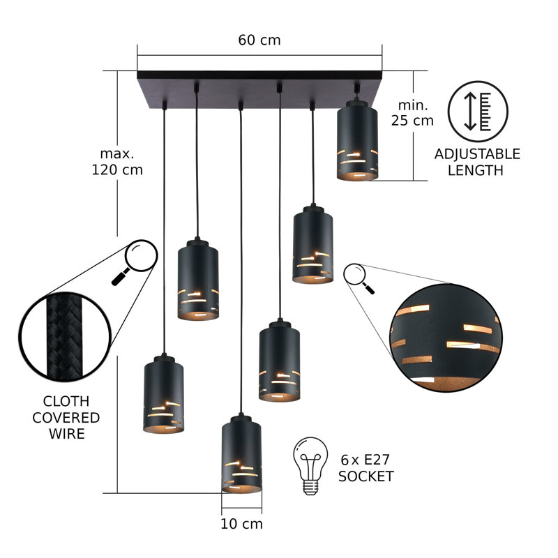 - Light Pendant, Black, 6 Lights