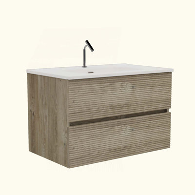Meuble-lavabo mural en chêne brut et chêne brut avec lavabo en céramique intégré avec trop-plein, grand meuble-lavabo flottant de rangement pour salle de bain moderne, pré-assemblé