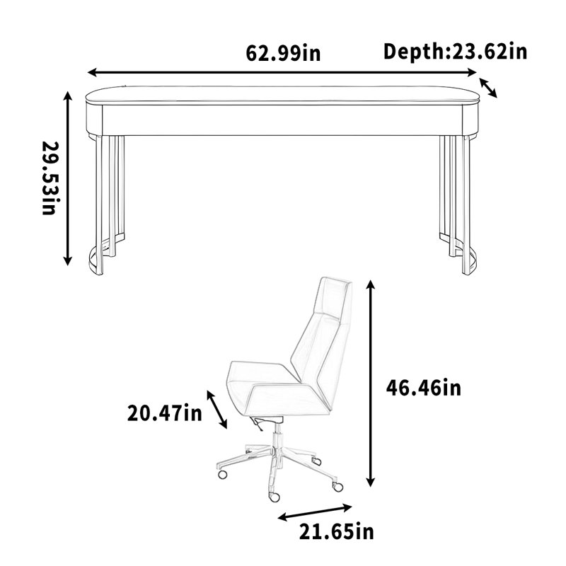Bureau d'écriture simple en granit, H 29,53 po x l 62,99 po x P 23,62 po, Doré