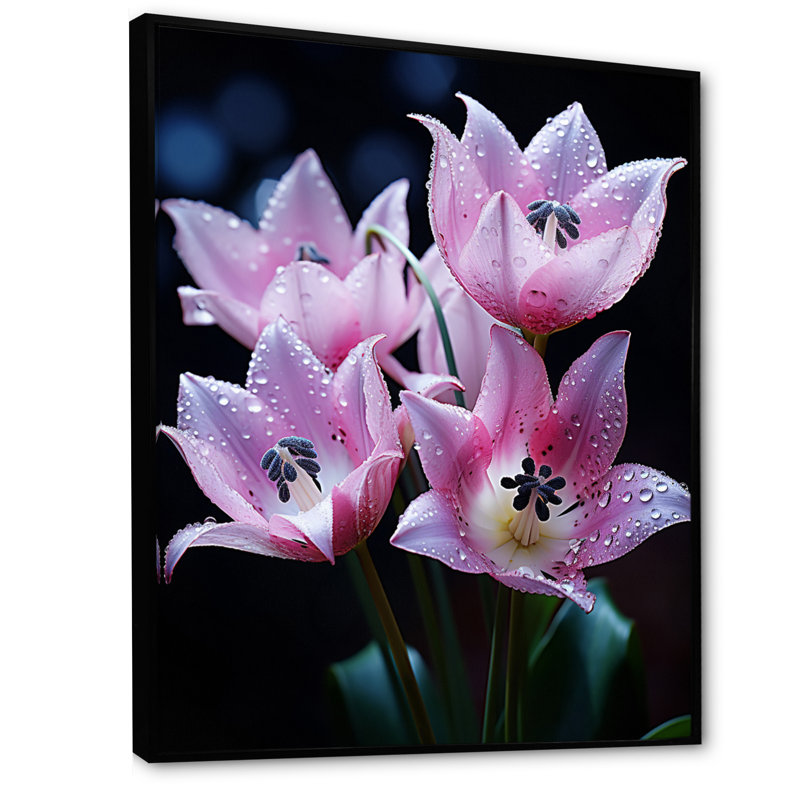 Carana, fleurs roses et tulipes enchantées sur fond noir - impression, H 32 po x l 16 po x P 1 po, Cadre flottant noir