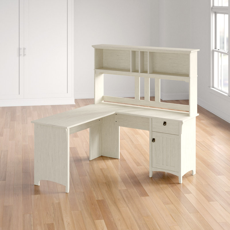 Paelynn L Shaped Credenza Desk with Hutch, Antique White