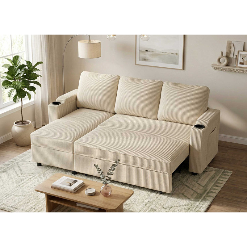 3 Seater Corduroy Sofa Bed with Storage, Beige