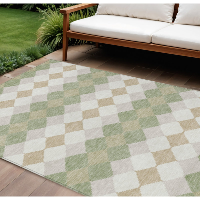 Tapis intérieur / extérieur géométrique lavable ivoire et beige artichaut 8 pi x 10 pi