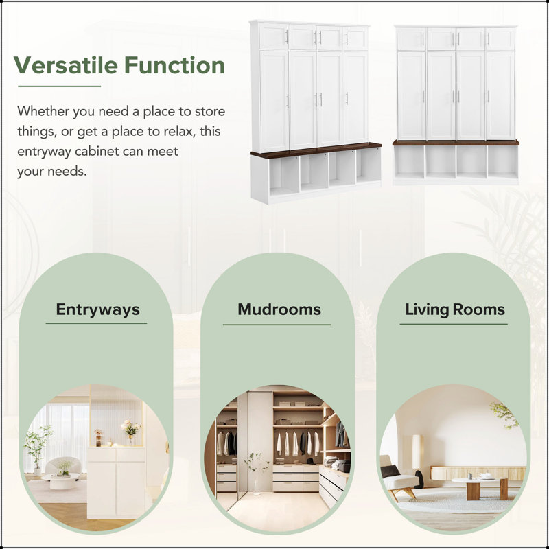 Multi-Functional Hall Tree with 4 Hidden Hanging Hooks, Wood Grain Bench, White