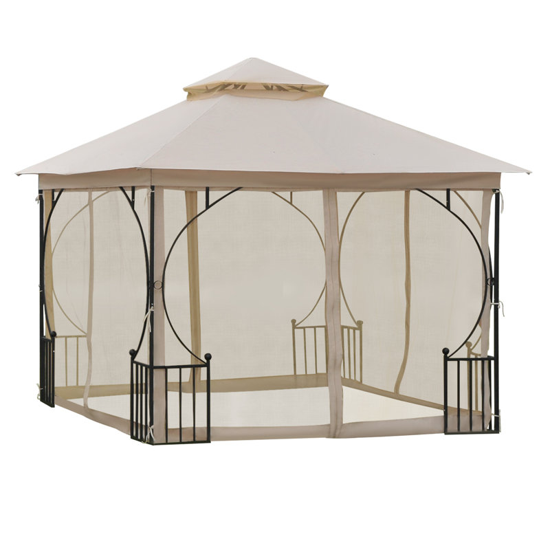 Beige 10' x 10' Steel Frame Patio Gazebo with Mesh Netting