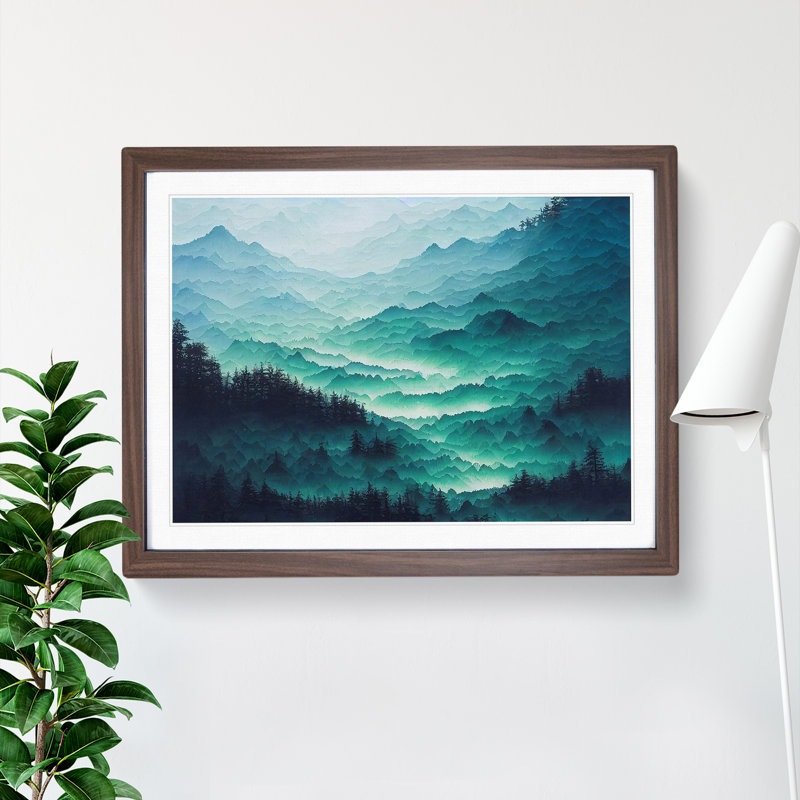 Japanese Forest Mountains - Single Picture Frame Print, 46cm H x 64cm W x 2cm D, Walnut