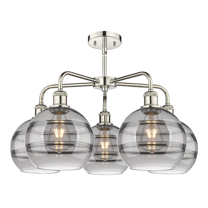 Lustre rond / ovale à abat-jour 5 lumières, H 15,38 po x l 26 po x P 26 po, Nickel poli, Gris fumée clair