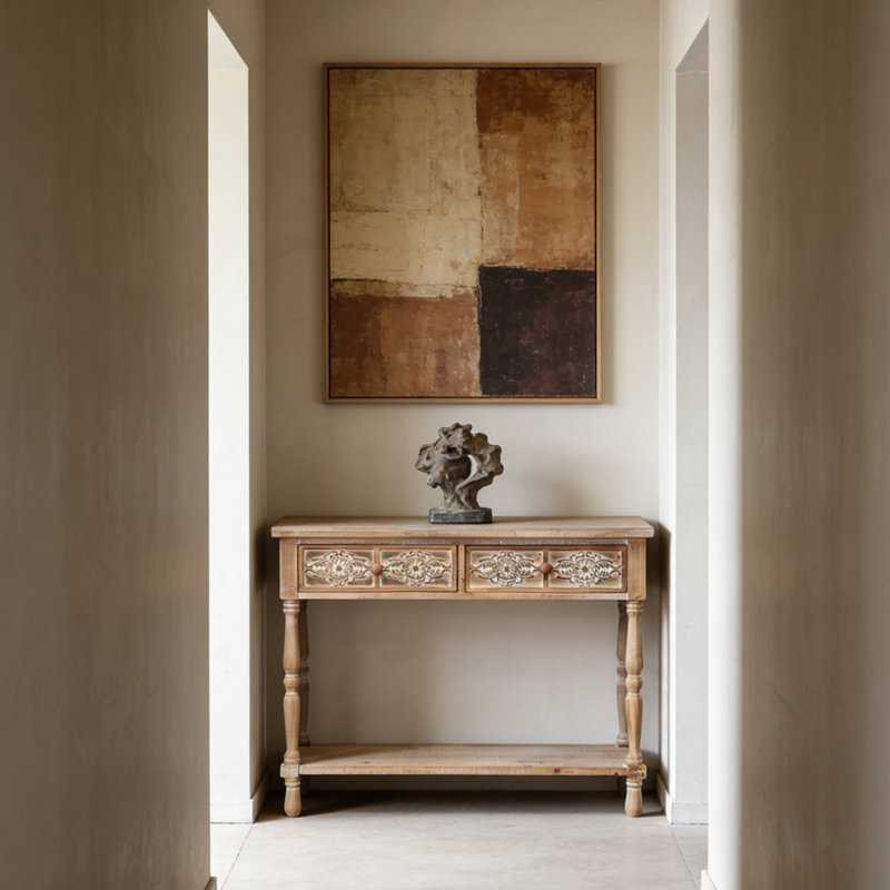 Console en bois sculpté avec 2 tiroirs et tablette ouverte