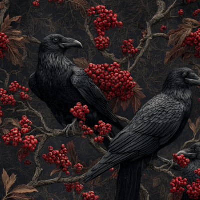 Peel and Stick Wallpaper Black Ravens Tree Branches Vibrant Red Berries Dark Contact Paper Removable Self Adhesive Wall Mural Wall Decor for Bedroom Kitchen Cabinets 17.7in x 118in