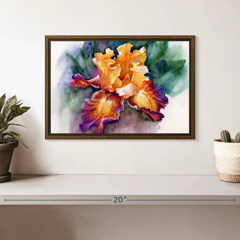Fleur d'iris jaune, 13 po x 9 po, Cadre flottant en noyer