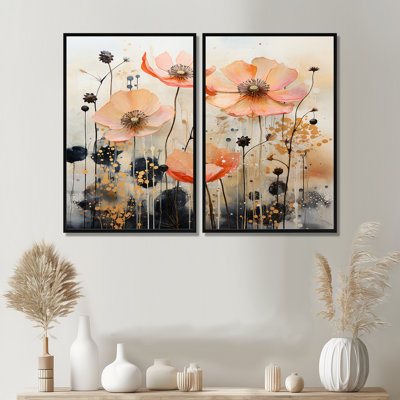 Peach Blossoming Abstractions I - Botanicals abstraites, grandes impressions sur toile, 2 panneaux