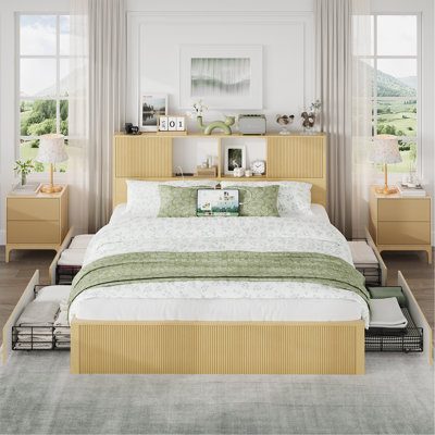 Très grande base de lit avec 4 tiroirs de rangement et têtes de lit à 2 niveaux, ports USB et prises de courant intégrés, bases de lit en métal, sommier tapissier requis, chêne