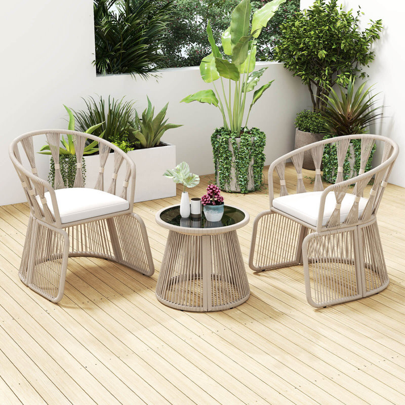 Ensemble de 3 chaises de loisirs pour patio avec coussins en corde et table